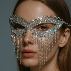Glamorous Silver Rhinestone Fringe Mask